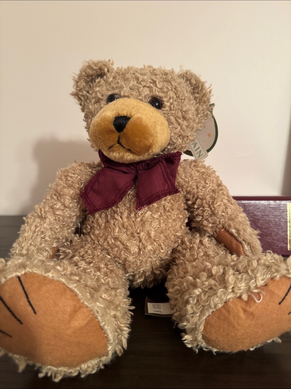 Curly Beige Teddy Bear with Burgundy Bow Plush Toy